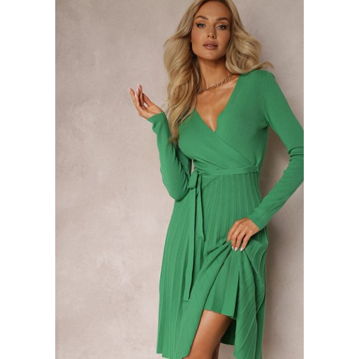 Zielona Sukienka Dzianinowa z Wiązaniem i Plisowanym Dołem Phelleira ze sklepu Renee odzież w kategorii Sukienki - zdjęcie 161354372