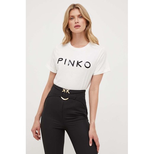Pinko t-shirt bawełniany kolor beżowy 101752.A150 ze sklepu ANSWEAR.com w kategorii Bluzki damskie - zdjęcie 161357983