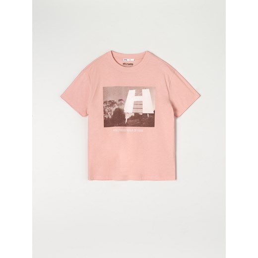 Bluzka damska różowa Sinsay z krótkim rękawem z okrągłym dekoltem 