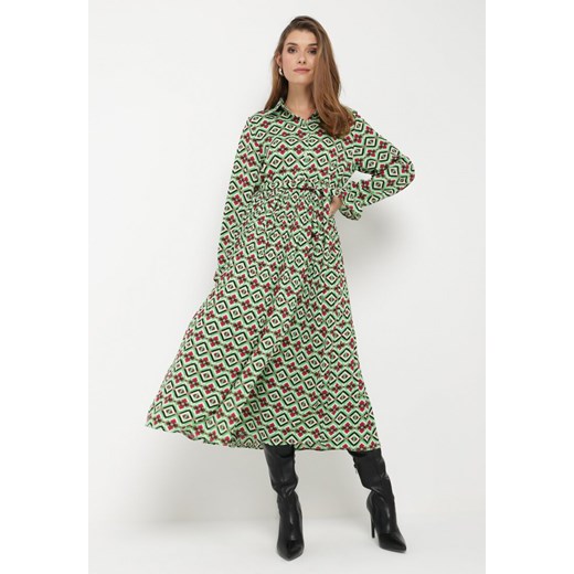 Zielona Rozkloszowana Sukienka Koszulowa w Geometryczny Print Larissam ze sklepu Born2be Odzież w kategorii Sukienki - zdjęcie 161420330