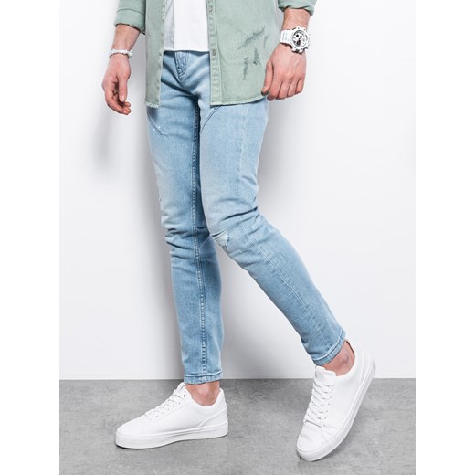Spodnie męskie jeansowe z przetarciami i dziurami SKINNY FIT - niebieskie P936 M okazyjna cena ombre