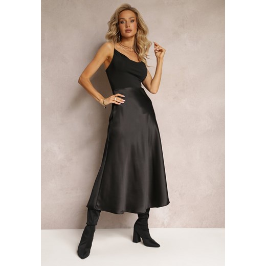 Czarna Satynowa Midi Spódnica Rozkloszowana z Gumką w Pasie i Suwakiem Leose ze sklepu Renee odzież w kategorii Spódnice - zdjęcie 161441972