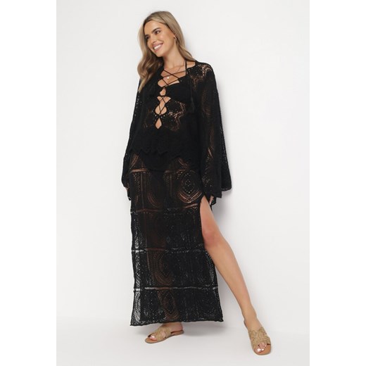 Czarna Szydełkowa Sukienka Maxi z Wiązaniem Vaskoppe ze sklepu Born2be Odzież w kategorii Sukienki - zdjęcie 161446053