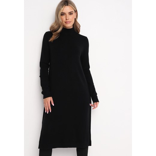 Czarna Sweterkowa Sukienka z Półgolfem Tiame ze sklepu Born2be Odzież w kategorii Sukienki - zdjęcie 161446220