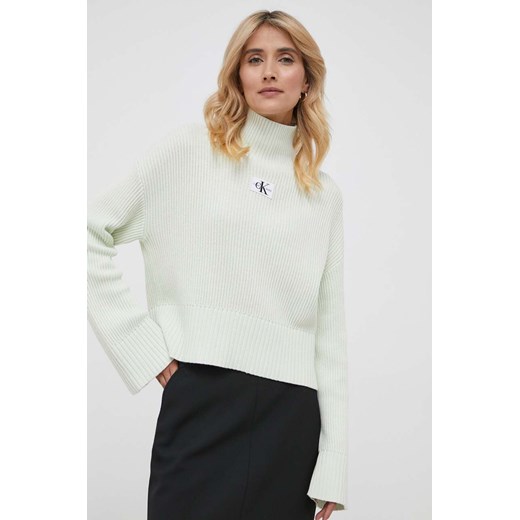Calvin Klein Jeans sweter bawełniany kolor zielony ciepły z golfem XS ANSWEAR.com