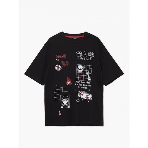 Cropp - Czarny T-shirt z nadrukami w stylu anime - czarny Cropp XXL Cropp