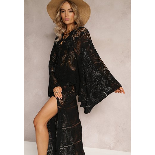 Czarna Szydełkowa Sukienka Maxi z Wycięciami i Wiązaniem Upenna ze sklepu Renee odzież w kategorii Sukienki - zdjęcie 161471324