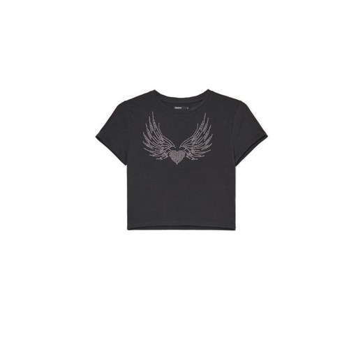 Cropp - Czarny t-shirt z ozdobną aplikacją - czarny ze sklepu Cropp w kategorii Bluzki damskie - zdjęcie 161474684
