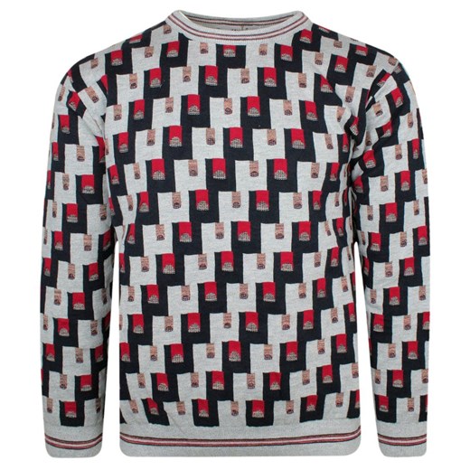 Sweter Szary z Okrągłym Dekoltem, Wzór Geometryczny, U-neck -YAMAK SWKOWymk10NWszary ze sklepu JegoSzafa.pl w kategorii Swetry męskie - zdjęcie 161475400
