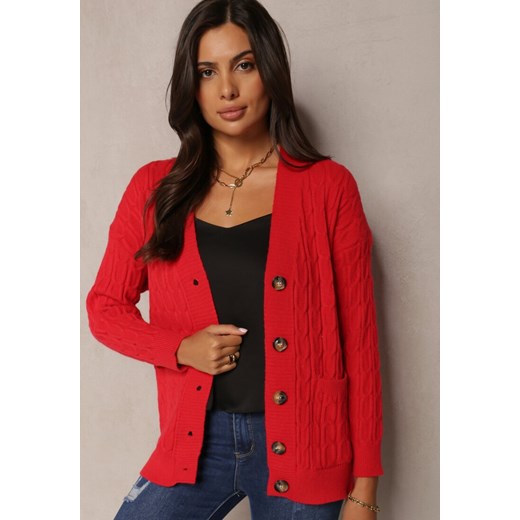Czerwony Zapinany Kardigan z Guzikami i Ściągaczami Azella ze sklepu Renee odzież w kategorii Swetry damskie - zdjęcie 161554941