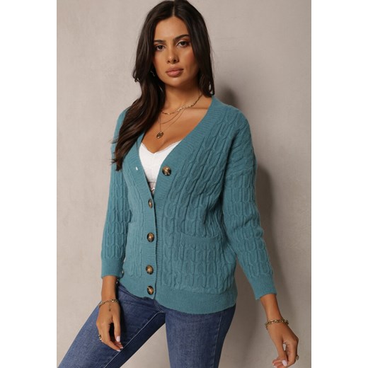Niebieski Zapinany Kardigan z Guzikami i Ściągaczami Azella ze sklepu Renee odzież w kategorii Swetry damskie - zdjęcie 161554951