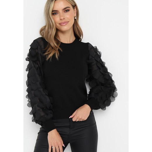 Czarny Sweter z Falbankami na Rękawach Belpie ze sklepu Born2be Odzież w kategorii Swetry damskie - zdjęcie 161560842