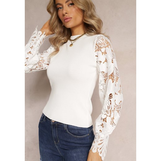 Biały Sweter z Rękawem z Koronki i Półgolfem Emano ze sklepu Renee odzież w kategorii Swetry damskie - zdjęcie 161561501