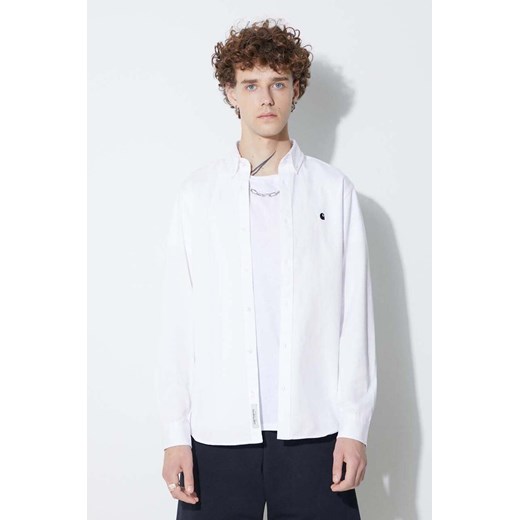 Carhartt WIP koszula bawełniana Madison Shirt męska kolor biały regular z kołnierzykiem button-down I023339-BUFFALO/WH ze sklepu PRM w kategorii Koszule męskie - zdjęcie 161566492