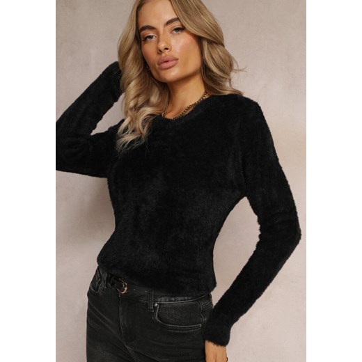 Czarny Sweter z Puchatej Dzianiny z Trójkątnym Dekoltem Bouse ze sklepu Renee odzież w kategorii Swetry damskie - zdjęcie 161599150