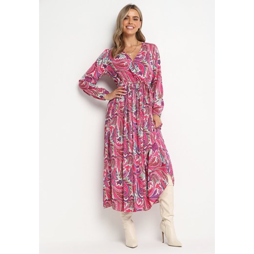 Ciemnoróżowa Plisowana Sukienka z Gumką w Pasie i Wzorem Paisley Carella ze sklepu Born2be Odzież w kategorii Sukienki - zdjęcie 161603302