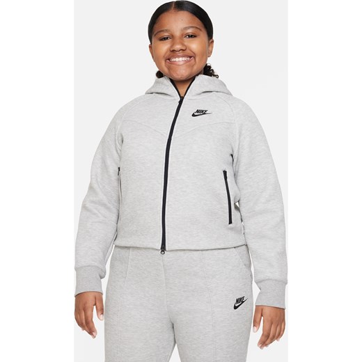 Bluza z kapturem i zamkiem na całej długości dla dużych dzieci (dziewcząt) Nike Sportswear Tech Fleece (szerszy rozmiar) - Szary ze sklepu Nike poland w kategorii Bluzy dziewczęce - zdjęcie 161610104