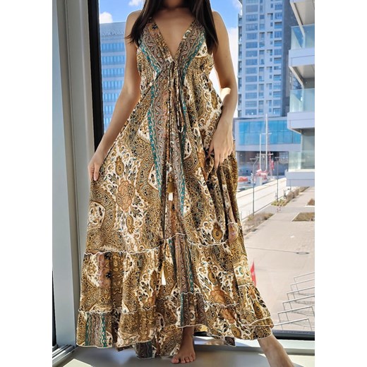 Sukienka Damska Maxi Jedwab Camel - Camalla Boho World S/M Ligari