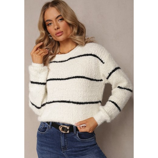Biały Puchaty Sweter z Bawełną i Wełną w Cienkie Paski Zepirane Renee S Renee odzież okazyjna cena
