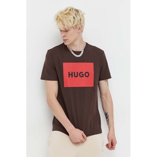 HUGO t-shirt bawełniany kolor brązowy z nadrukiem 50467952 ze sklepu ANSWEAR.com w kategorii T-shirty męskie - zdjęcie 161686823