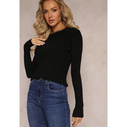 Czarny Sweter Ozdobiony Splotem z Bawełną i Wełną Sellhu ze sklepu Renee odzież w kategorii Swetry damskie - zdjęcie 161695402