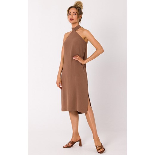 Sukienka z wiązaniem na szyi w kolorze czekoladowym M736, Kolor czekoladowy, Rozmiar L, MOE ze sklepu Primodo w kategorii Sukienki - zdjęcie 161703154