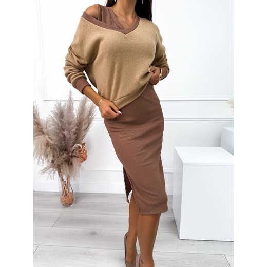 Karmelowo-Brązowy Komplet Sweterek + Sukienka Modnakiecka.pl 40 ModnaKiecka.pl