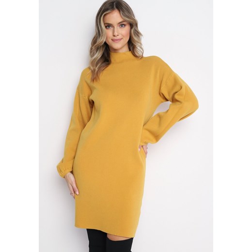 Żółta Sweterkowa Sukienka Mini z Gładkiej Dzianiny Narel ze sklepu Born2be Odzież w kategorii Sukienki - zdjęcie 161766530