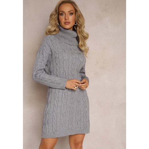 Ciemnoszara Mini Sukienka ze Sweterkowej Dzianiny z Szerokim Golfem i Ściągaczami Jilenma ze sklepu Renee odzież w kategorii Sukienki - zdjęcie 161767260
