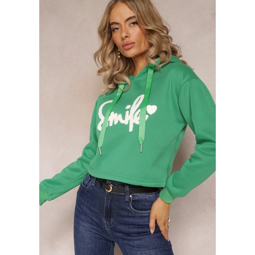 Zielona Krótka Bluza z Kapturem i Haftem Collitta ze sklepu Renee odzież w kategorii Bluzy damskie - zdjęcie 161772292