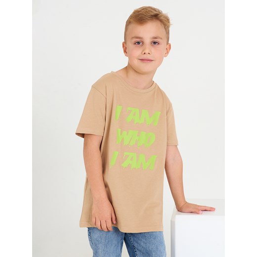 T-shirt chłopięce beżowy Gate z napisami z krótkim rękawem 