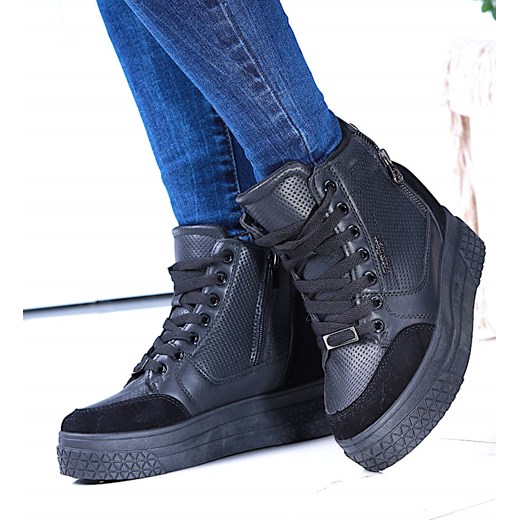 Wiązane czarne sneakersy na koturnie i platformie /F5-2 14653 T720/ ze sklepu Pantofelek24.pl w kategorii Botki - zdjęcie 161868001