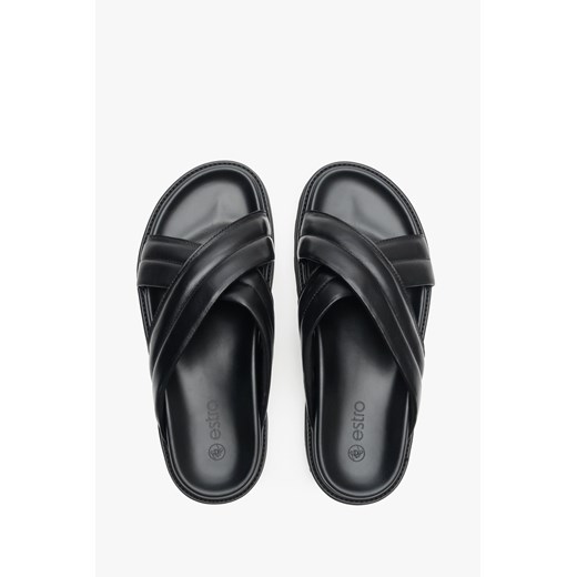 Estro: Czarne skórzane klapki męskie z paskami na krzyż Estro 45 Estro promocyjna cena