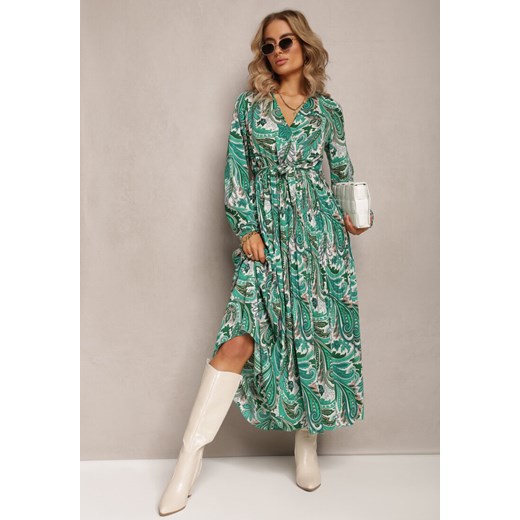 Zielona Plisowana Sukienka z Kopertowym Dekoltem i Wzorem Paisley Olanetta ze sklepu Renee odzież w kategorii Sukienki - zdjęcie 161953584
