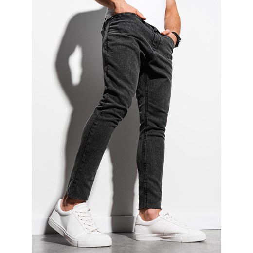 Męskie jeansowe spodnie marmurkowe z surowo wykończoną nogawką SLIM FIT - czarne V3 OM-PADP-0146 ze sklepu ombre w kategorii Jeansy męskie - zdjęcie 161954613