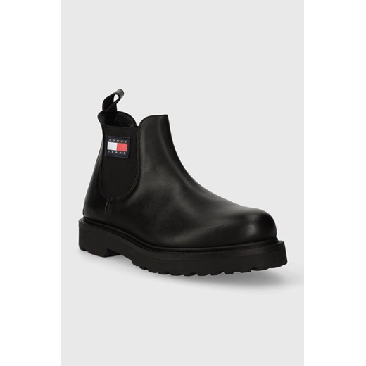 Czarne buty zimowe męskie Tommy Jeans casual bez zapięcia skórzane