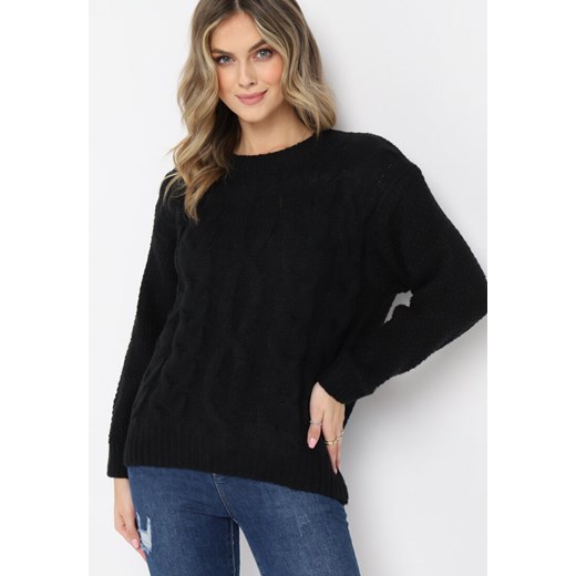 Czarny Klasyczny Sweter z Modnym Splotem i Ściągaczami Ovlia ze sklepu Born2be Odzież w kategorii Swetry damskie - zdjęcie 161958643
