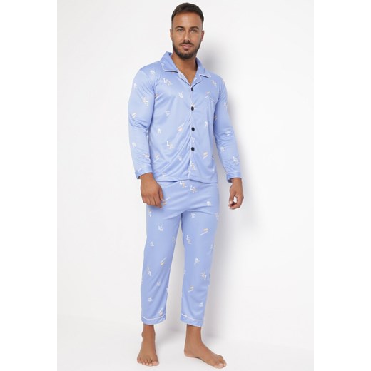 Jasnoniebieska Bawełniana Piżama 2-częściowa z Koszulą i Spodniami Lallitte ze sklepu Born2be Odzież w kategorii Piżamy męskie - zdjęcie 161962593
