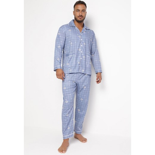 Jasnoniebieska Bawełniana 2-Częściowa Piżama w Modny Nadruk Zapinana Koszula i Spodnie na Gumce Timba ze sklepu Born2be Odzież w kategorii Piżamy męskie - zdjęcie 161962603