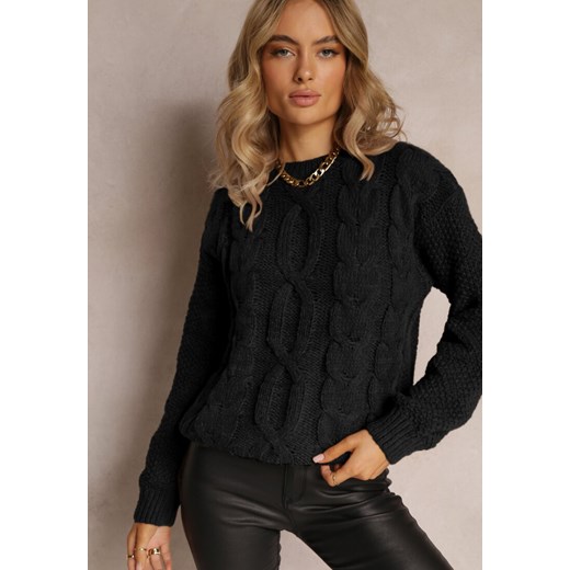 Czarny Sweter o Luźnym Kroju z Modnym Splotem Osma ze sklepu Renee odzież w kategorii Swetry damskie - zdjęcie 161963271