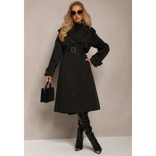 Czarny Płaszcz Trencz Dwurzędowy z Paskiem Lene ze sklepu Renee odzież w kategorii Płaszcze damskie - zdjęcie 161996253