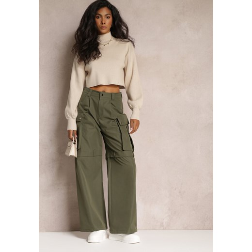 Zielone Szerokie Spodnie High Waist w Stylu Cargo Vomisal ze sklepu Renee odzież w kategorii Spodnie damskie - zdjęcie 161996263