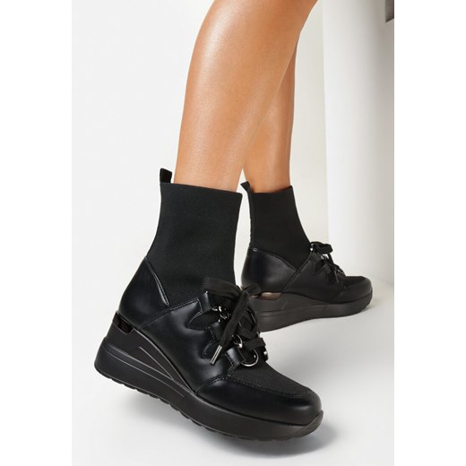 Czarne Botki na Koturnie ze Skarpetkową Cholewką Neste 37 okazja born2be.pl