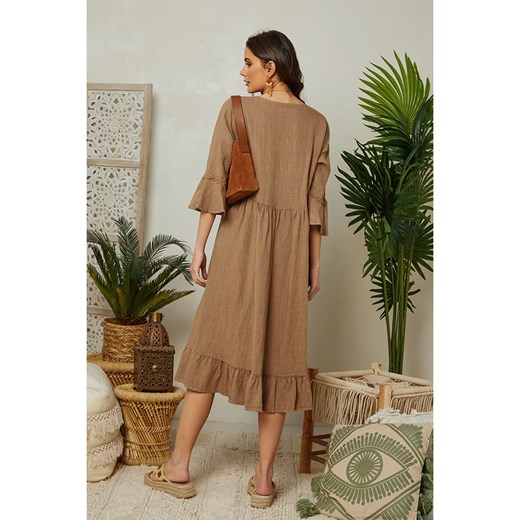 Lin Passion Lniana sukienka w kolorze karmelowym Lin Passion 40/42 wyprzedaż Limango Polska