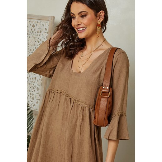 Lin Passion Lniana sukienka w kolorze karmelowym Lin Passion 40/42 okazyjna cena Limango Polska