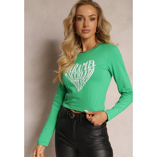 Zielona Bluzka z Bawełny Ozdobiona Nadrukiem z Napisami Tishene ze sklepu Renee odzież w kategorii Bluzki damskie - zdjęcie 162098112