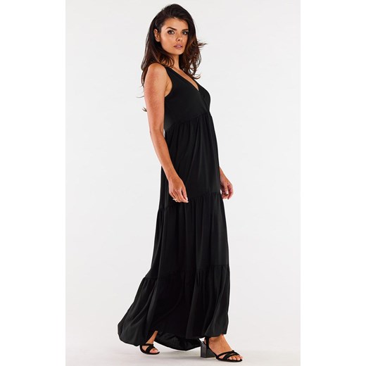 Czarna luźna sukienka maxi  A581 z wiskozy, Kolor czarny, Rozmiar XL, Awama XL Primodo