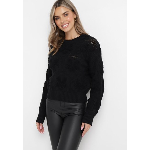 Czarny Sweter z Wełną i Bawełną Ozdobiony Pluszowym Splotem Karada ze sklepu Born2be Odzież w kategorii Swetry damskie - zdjęcie 162121754