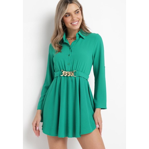 Zielona Sukienka Koszulowa z Ozdobnym Paskiem i Gumką w Pasie Tanish ze sklepu Born2be Odzież w kategorii Sukienki - zdjęcie 162121864