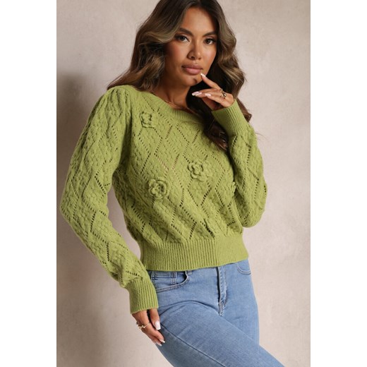 Zielony Sweter o Klasycznym Fasonie Ozdobiony Kwiatami 3D z Tkaniny Loraxis ze sklepu Renee odzież w kategorii Swetry damskie - zdjęcie 162124973